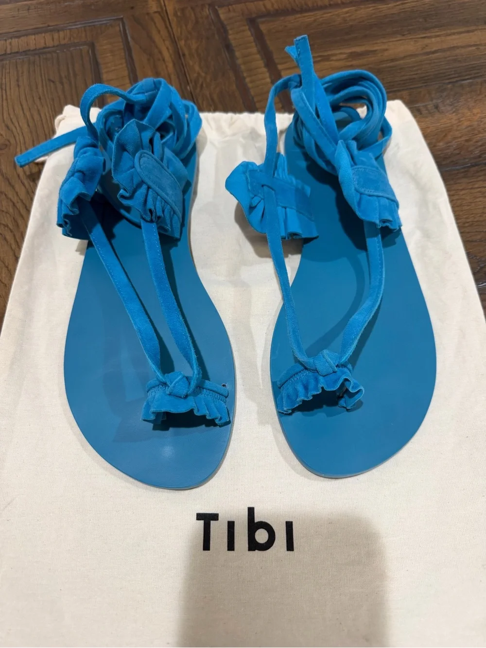Tibi Amari Suede Sandal Azure Blue Lace-Up Flat Sz 40